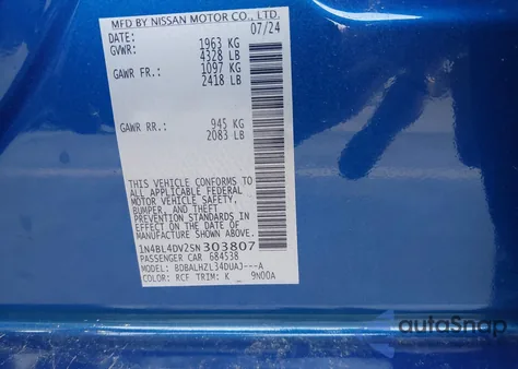 2025 Nissan Altima Sv Fwd z USA, uszkodzony, nr VIN 1N4BL4DV2SN303807